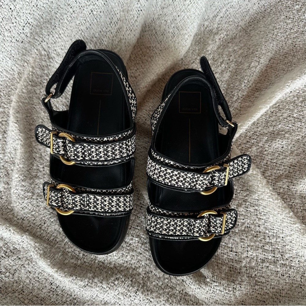 DV by Dolce Vita Black & White Houndstooth Buckle Sandals - Picture 3 of 6